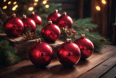 The primary subject of the image is a group of red Christmas ornaments. They are placed on a wooden table, which serves as the setting for the scene. The ornaments are arranged in a visually appealing manner, creating a festive and warm atmosphere. The visual style of the image is a close-up of the ornaments, showcasing their details and colors.